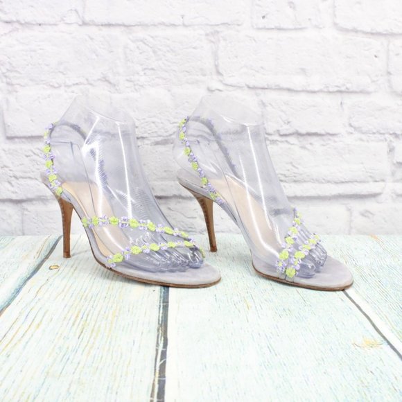 Cole Haan Blue Suede Green Silver Floral Strap Stiletto Heel Pumps 6 B - Picture 3 of 10